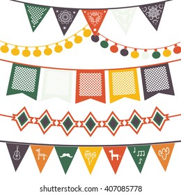 Hanging festive mexican banners, flags, electric lights garlands. Vector illustration isolated on a white background.