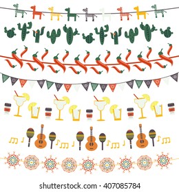 Hanging festive mexican banners, flags, garlands set with traditional Mexican symbols - guitar, maracas, tequila, cactus, pepper, cut out paper banners Vector illustration isolated on white background