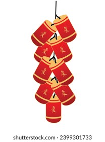 Hanging firecrackers isolated set with tree D  effect, coins with hieroglyphs and thread of crackers, character. Chinese new year holiday celebration and greetings. Vector in flat style illustration