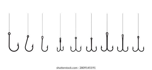 Hanging Fishing Hooks Collection Displaying Various Sharp Metal Tackle Designs in Minimalist Line Art.