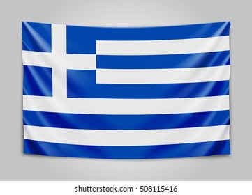 Hanging flag of Greece. Hellenic Republic. Greek national flag concept. Vector illustration.