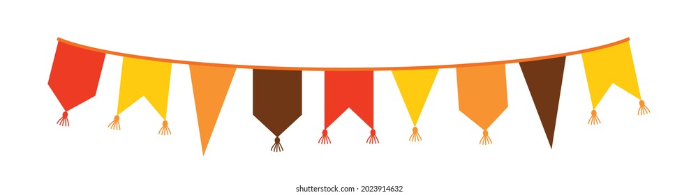 Hanging flags garland in red and yellow colors . Vector clipart, white background.