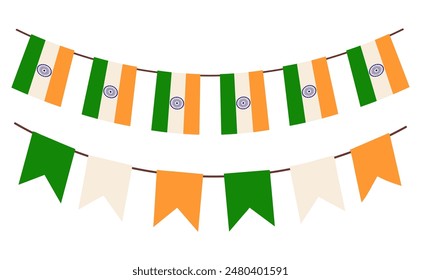Hanging flags on ropes in honor of the Indian festival. Indian flags bunting garland. Decoration for Republic day and Independence day. Vector illustration. Isolated on white background.