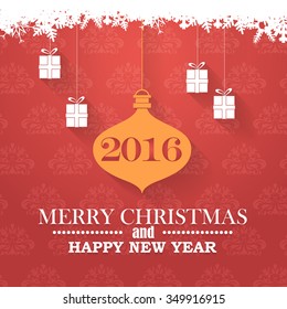 Hanging Flat Long Shadow Christmas Ball and Gift Boxes Illustration. 2016 Happy New Year Red Colors Background
