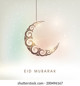 Hanging floral decorated crescent moon on shiny colorful background for Muslim community festival Eid Mubarak celebrations. 