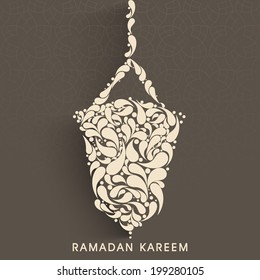 Hanging floral design decorated lantern on brown background for holy month of muslim community Ramadan Kareem. 