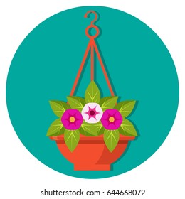 Hanging Flower Basket With Petunias Vector Illustration Isolated