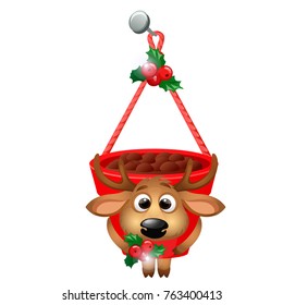 Hanging flower pot with deer isolated on a white background. Sketch of Christmas festive poster, party invitation, other holiday card. Vector cartoon close-up illustration.