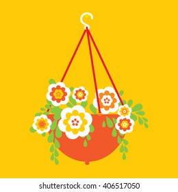 Hanging flower pot. Flower pot vector  illustration. Flat design. Garden hanging flower pot isolated.