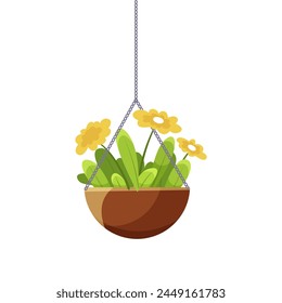 Ein hängender Blumentopf mit gelben Blüten und grünen Blättern, flache Vektorillustration auf einem durchsichtigen Hintergrund, Konzept der Heimdekoration. Vektorillustration