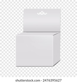 Caja de cartón plegable colgante con solapa plegable y ranura para euro. Maqueta de Vector 3D realista. Embalaje de cartón blanco en blanco con percha de euro. Maqueta. Plantilla de diseño