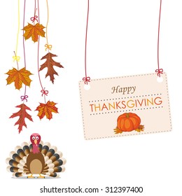 Hanging foliage with banner, turkey and pumpkin. Eps 10 vector file.