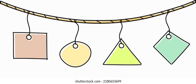hanging frame on white background. Brown Rope, red paper, yellow paper, brown paper, blue paper	