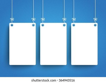 Hanging frame with paper clouds on the blue striped background. Eps 10 vector file.