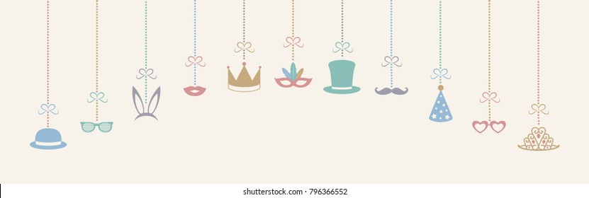 Hanging funny costumes for carnival, photobooth, party or birthday. Vector.