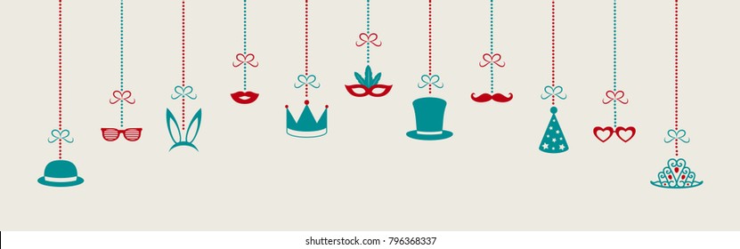 Hanging funny costumes for carnival, photobooth, party or birthday. Vector.