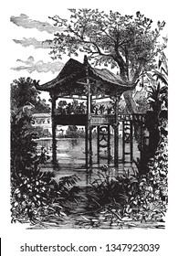 Hanging Garden of Babylon was one of the Seven Wonders of the Ancient World which is a term given to it by ancient Hellenic culture, vintage line drawing or engraving illustration.