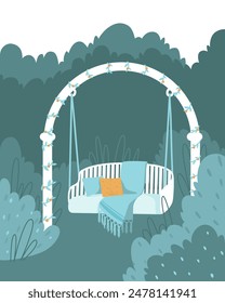 Hanging garden swing surrounded by green plants. Beautiful swing for relaxation, located in cozy greenery. Flat vector illustration.