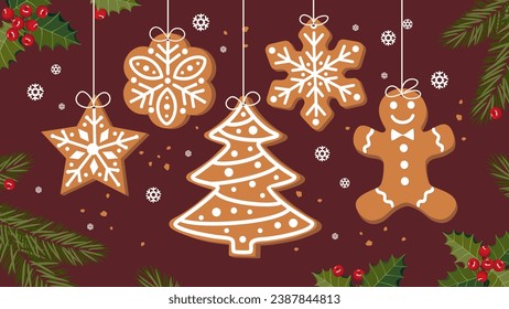 Hanging garland of Christmas gingerbread. A set of gingerbread cookies of different shapes. Gingerbread garland on a background of pine branches and holly leaves. Illustrated vector clipart.