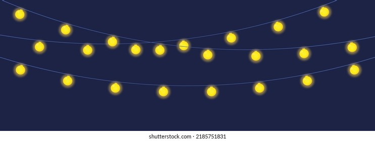 Hanging garland light with yellow glowing bulb for festive party decoration. Vector banner illustration on dark background.