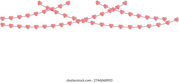 Hanging garland made of multiple pink paper hearts on thin strings crossing each other isolated on a white background