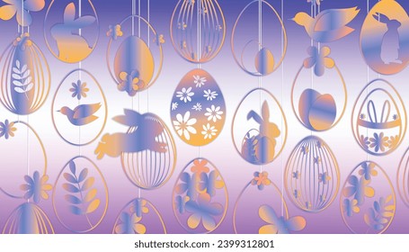 guirnaldas colgantes Huevos de Pascua, conejo de conejo, decoración adornada con flores. Banner de bienvenida de gradiente de pascua feliz, web, tarjeta, fondo de pantalla, diseño, plantilla