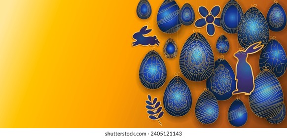 guirnaldas colgantes gradiente azul noble Huevos de Pascua, huevos de Pascua con marco dorado patrón pintado adorno decoración banner, web, tarjeta, papel de pared, disposición, plantilla