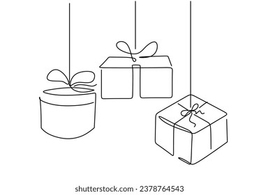 Hanging gift boxes. Continuous one line art drawing. Vector illustration isolated on white background. Minimalist design handdrawn.