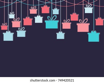 Hanging gift boxes and garland. Celebratory banner. Vector illustration