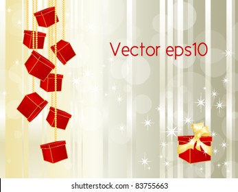 Hanging gift boxes on a string against striped abstract background - Christmas vector illustration