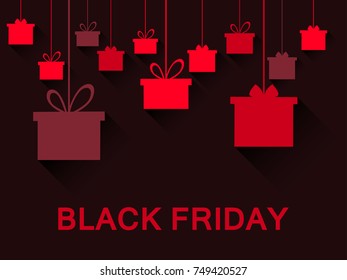 Hanging gift boxes in red. Black Friday. Festive postcard. Vector illustration