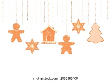 Hanging gingerbread Christmas cookies. Festive cookies in the shape of a Christmas tree, snowflakes, stars, houses and a man for a festive greeting card. Vector illustration