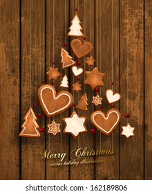 Hanging Gingerbread Christmas Cookies for Xmas Decoration. Wood Texture Background. Vector.