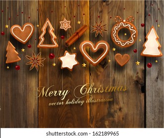 Hanging Gingerbread Christmas Cookies for Xmas Decoration. Wood Texture Background. Vector.