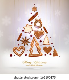 Hanging Gingerbread Christmas Cookies for Xmas Decoration. Blur Silver Snowflakes. Vector.