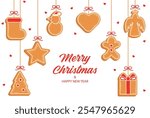 Hanging gingerbread cookies with icing and snowfall isolated on background. Greeting Christmas banner with Lettering. Sweet biscuits in Christmas tree shape, star, heart, man, angel, snowman