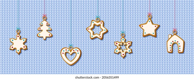 Hanging gingerbread cookies on blue knitted background. Festive biscuits in shape of house and Christmas tree, star and snowflake and heart for holiday greeting card. Vector illustration