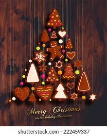 Hanging Gingerbread Man Christmas Cookies for Xmas Decoration. Heart, Star, Christmas Tree and Cinnamon Xmas Cookies. Wood Texture Background. Holiday Design. Vector.
