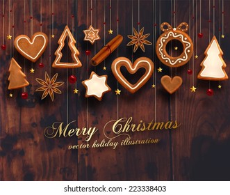 Hanging Gingerbread Man Christmas Cookies for Xmas Decoration. Heart, Star, Christmas Tree and Cinnamon Xmas Cookies. Wood Texture Background. Holiday Design. Vector.