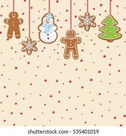 Hanging gingerbread man, tree, snowman and stars cookie isolated on beige color with red beads.  Christmas background. Vector illustration.