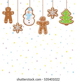 Hanging gingerbread man, tree, snowman and stars cookies isolated on white color with drops. Christmas background. Vector illustration.