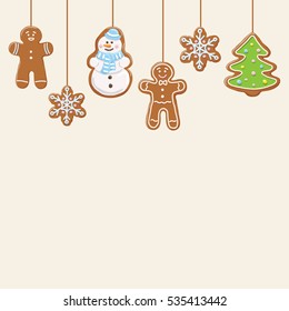 Hanging Gingerbread Man, Tree, Snowman And Stars Cookies Isolated On Beige Color. Christmas Background. Vector Illustration.