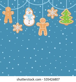 Hanging gingerbread man, tree, snowman and stars cookies isolated on blue color with round sphere beads. Christmas background. Vector illustration.