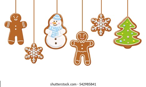 Hanging gingerbread man, tree, snowman and stars cookies isolated on white color. Christmas background. Vector illustration.