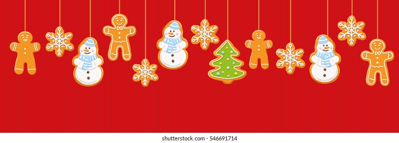Hanging gingerbread man, tree, snowman and stars cookies isolated on red color. Christmas background. Vector illustration.