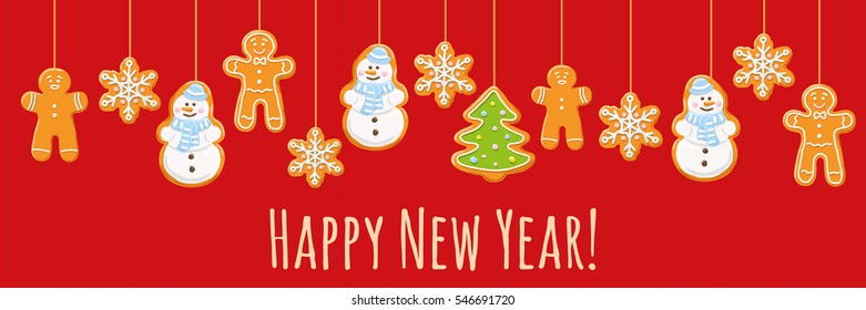 Hanging gingerbread man, tree, snowman and stars cookies isolated on red color. Christmas background. Vector illustration.