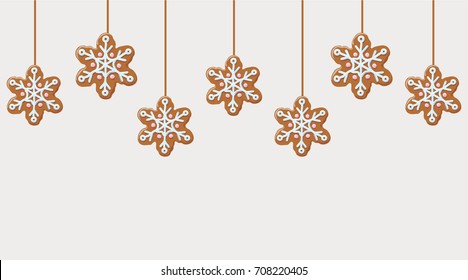 Hanging gingerbread snowflakes cookies. Christmas background. Vector illustration