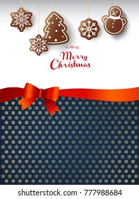 Hanging gingerbread sweets with Merry Christmas wishes and golden pattern.
