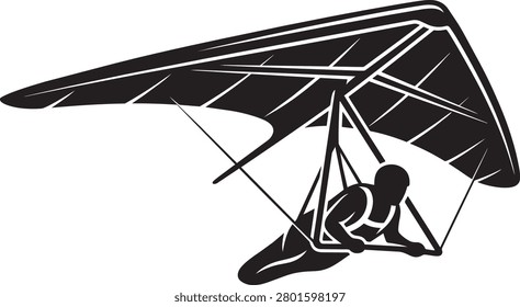 Hanging glider pilot soaring through sky in black vector silhouette