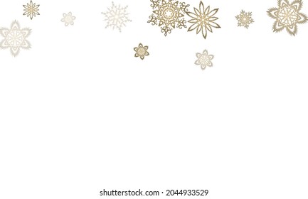 Hanging glitter snowflake.  Falling snow with golden glitter snowflakes for party invite. Seasonal winter symbols.